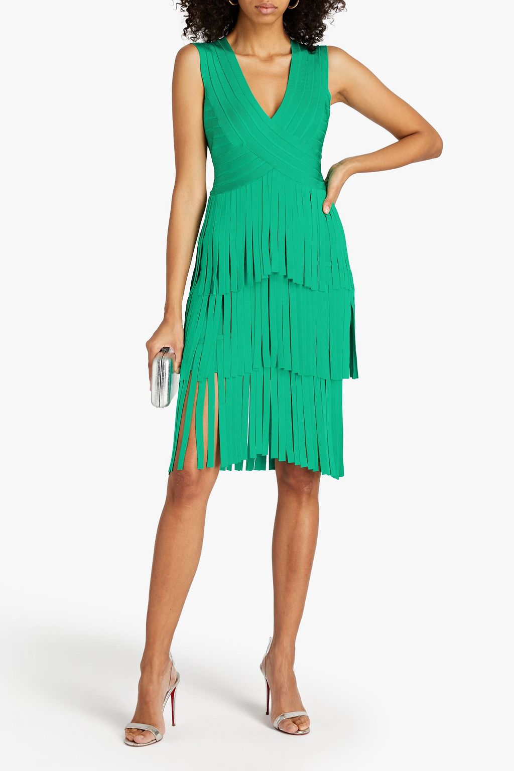 HERVÉ LÉGER Tiered fringed bandage mini dress