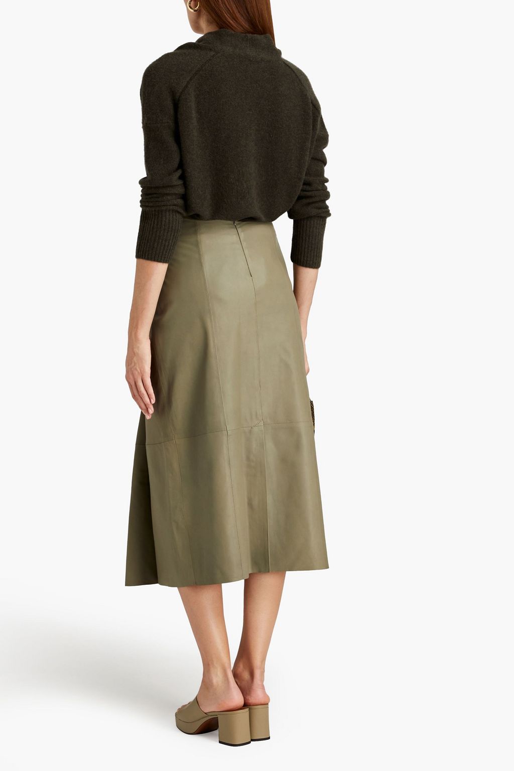 VINCE. Pleated embellished leather midi skirt