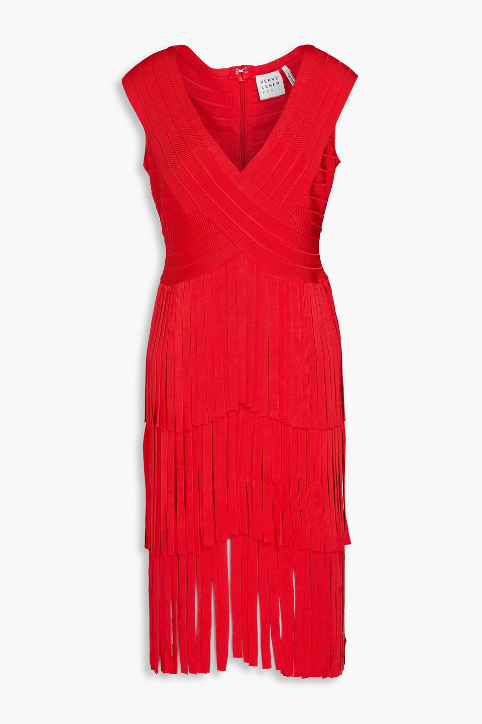 Herve Leger Tiered Fringed Bandage Mini Dress In Lipstick Red