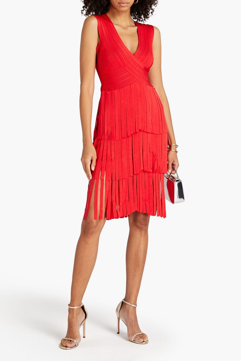 HERVÉ LÉGER Tiered fringed bandage mini dress