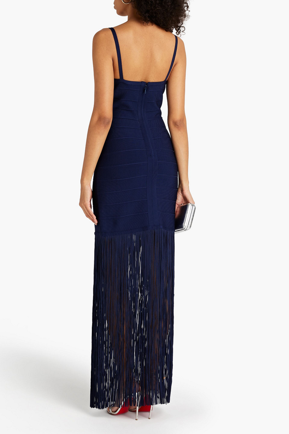 Shop Herve Leger Fringed Bandage Gown In Navy