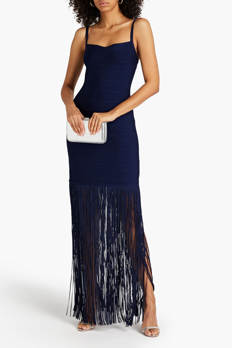 Shop Herve Leger Fringed Bandage Gown In Navy