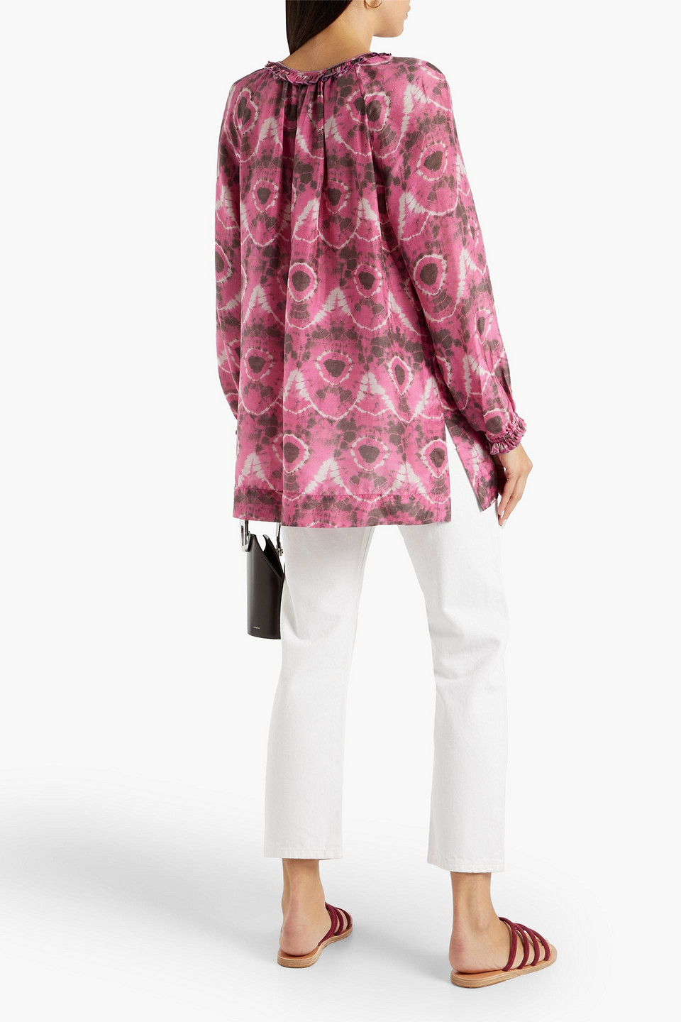 Shop Raquel Allegra Gathered Tie-dyed Silk-crepe Blouse In Fuchsia