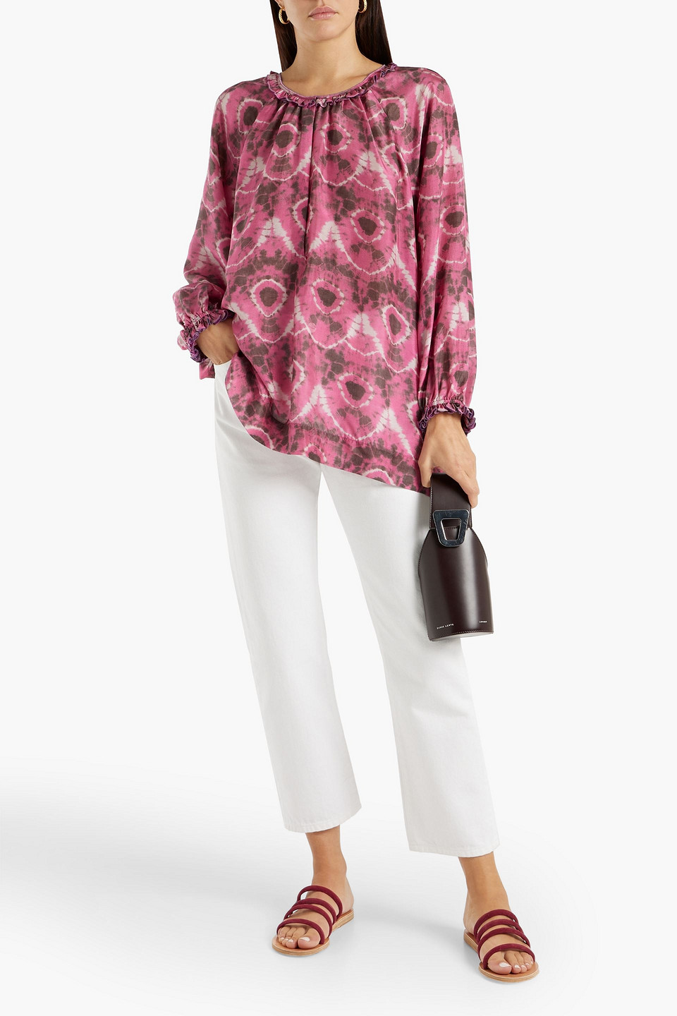 Shop Raquel Allegra Gathered Tie-dyed Silk-crepe Blouse In Fuchsia