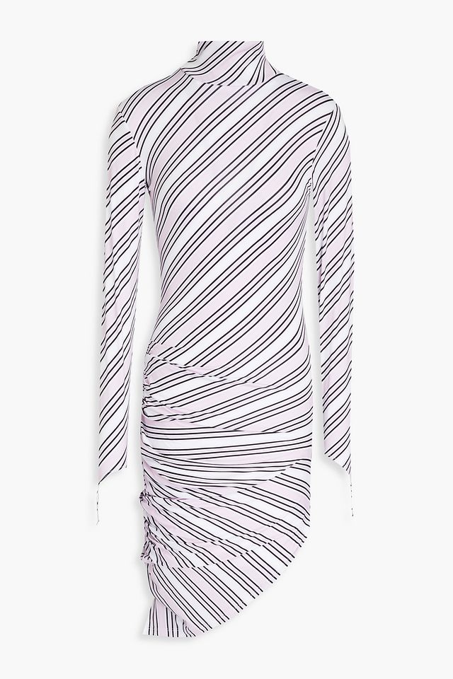 Ruched striped stretch-jersey mini dress