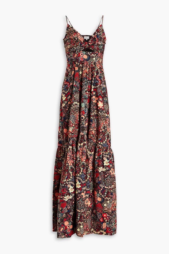 Laura gathered cutout printed cotton-poplin maxi dress