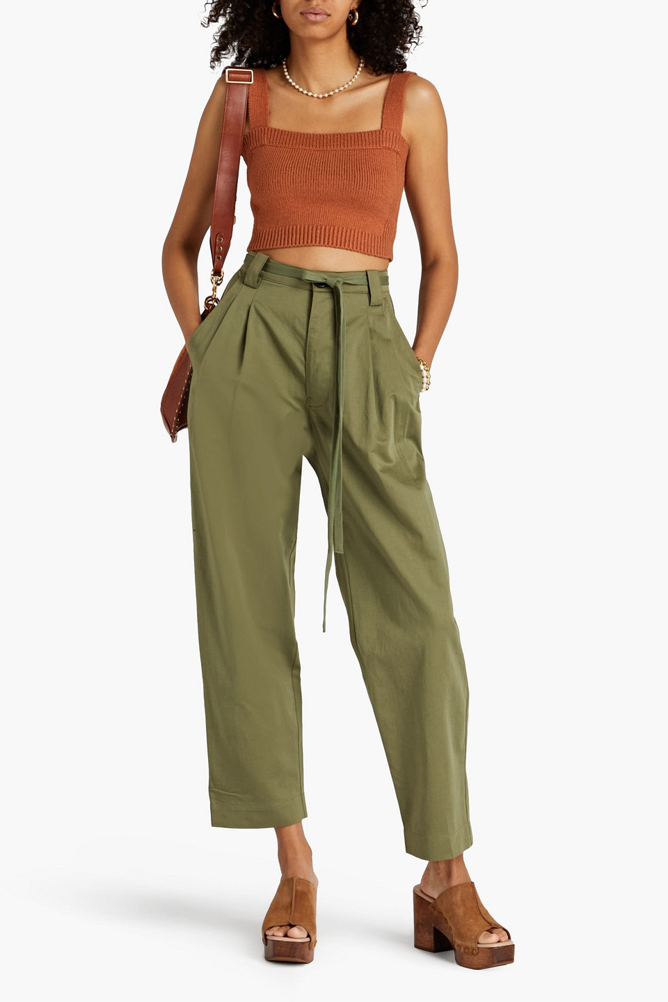 A.L.C ALMA PLEATED COTTON AND LINEN-BLEND TAPERED PANTS
