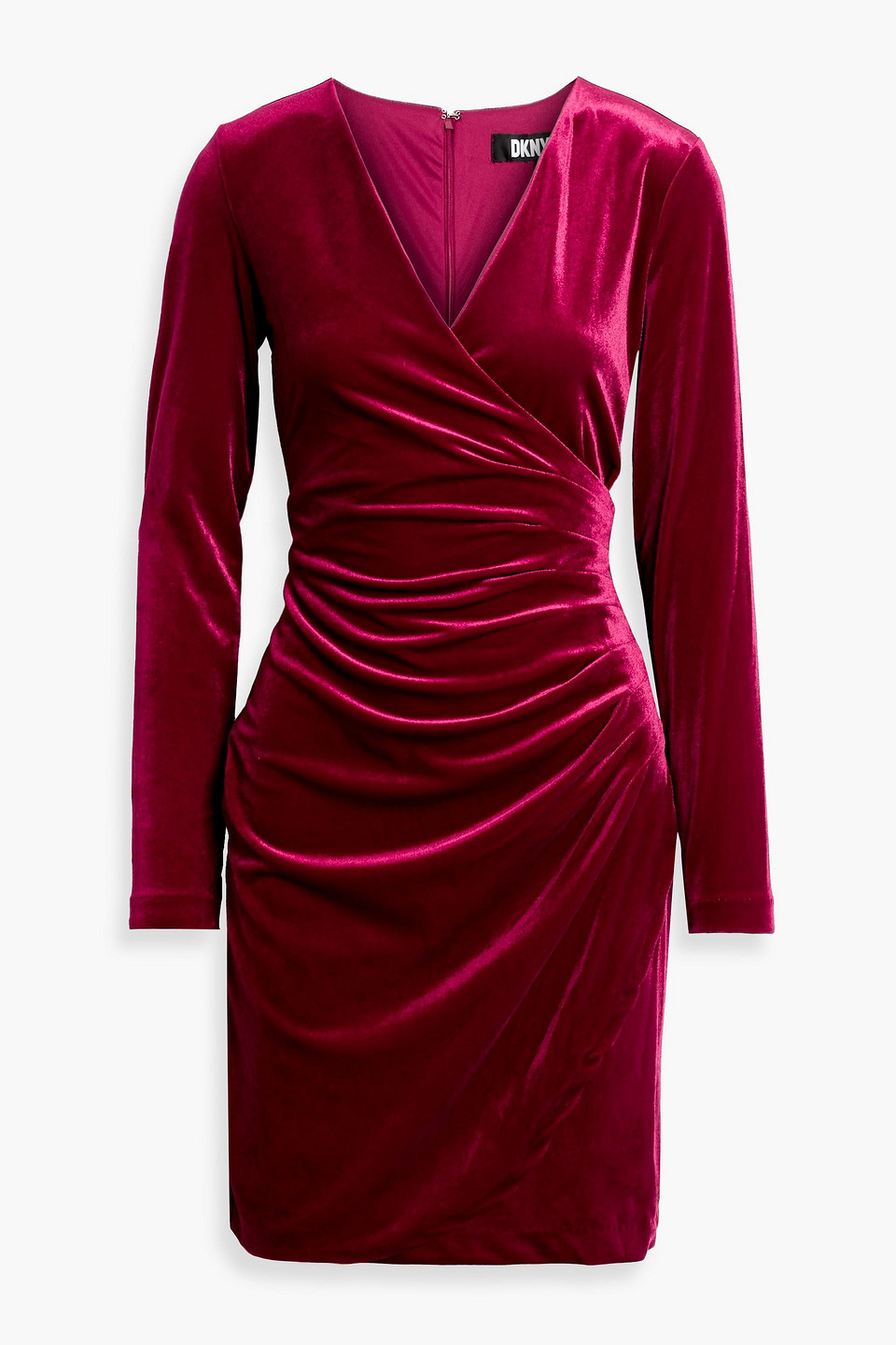 Dkny Sleepwear Wrap-effect Pleated Velvet Mini Dress In Crimson