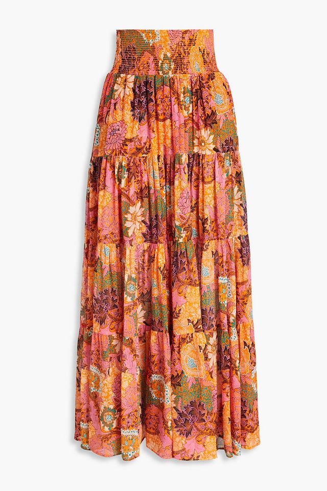 Sage tiered printed silk-crepon maxi skirt