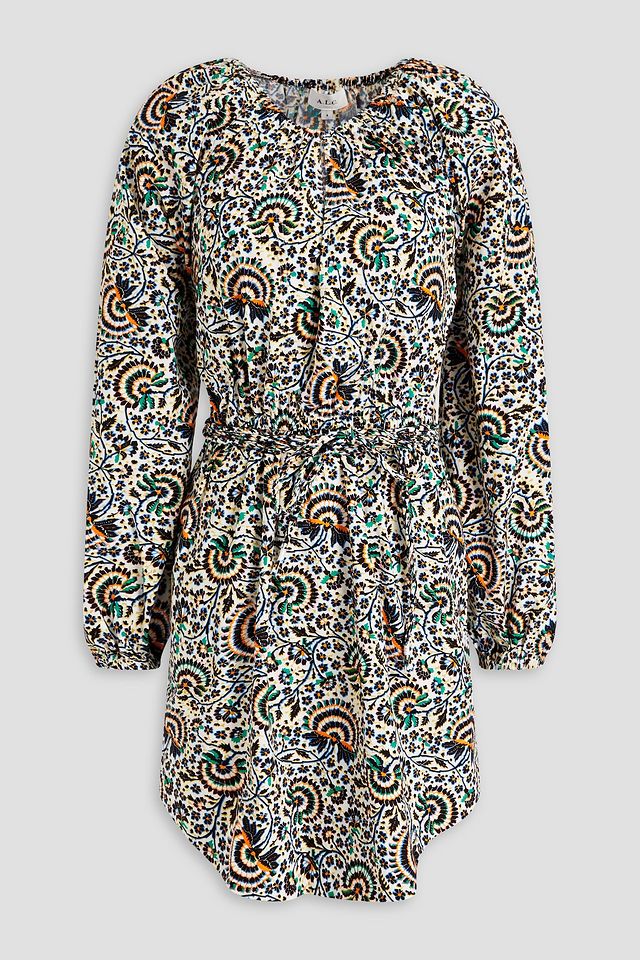 Gathered printed cotton-poplin mini dress