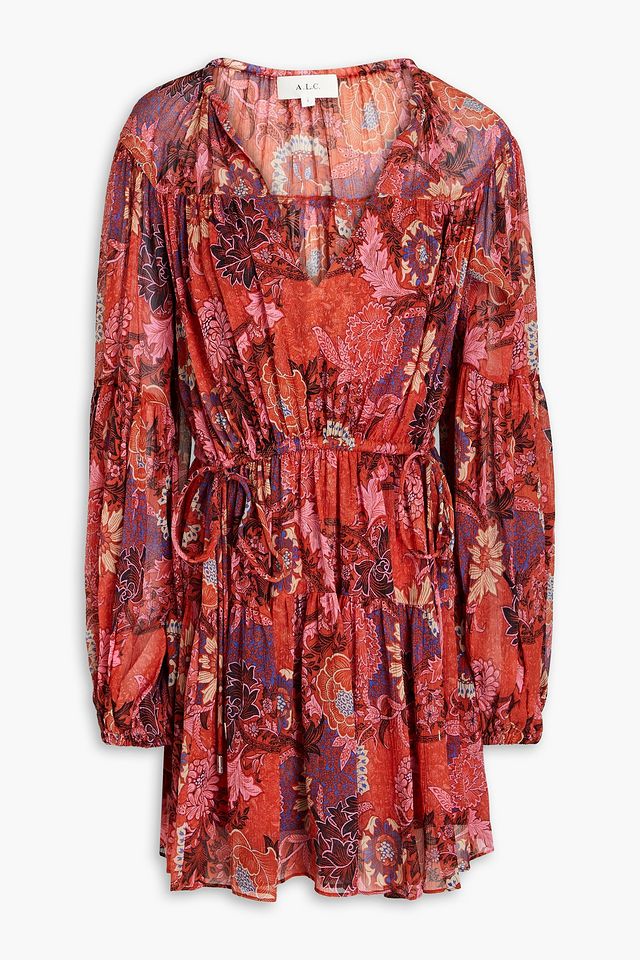 Elise gathered printed silk-crepon mini dress