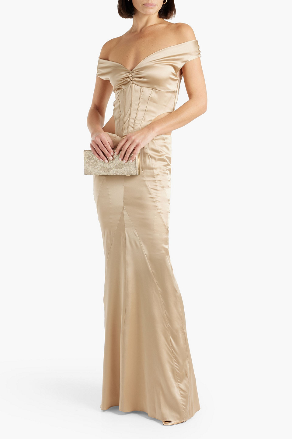 Shop Retroféte Off-the-shoulder Cutout Silk-blend Gown In Neutral