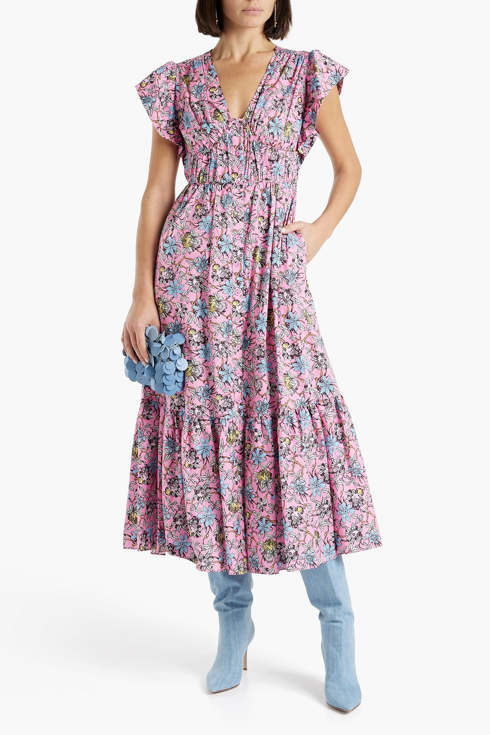 Derek Lam 10 Crosby Greta Ruffled Floral-print Cotton-blend Poplin Midi Dress In Pink