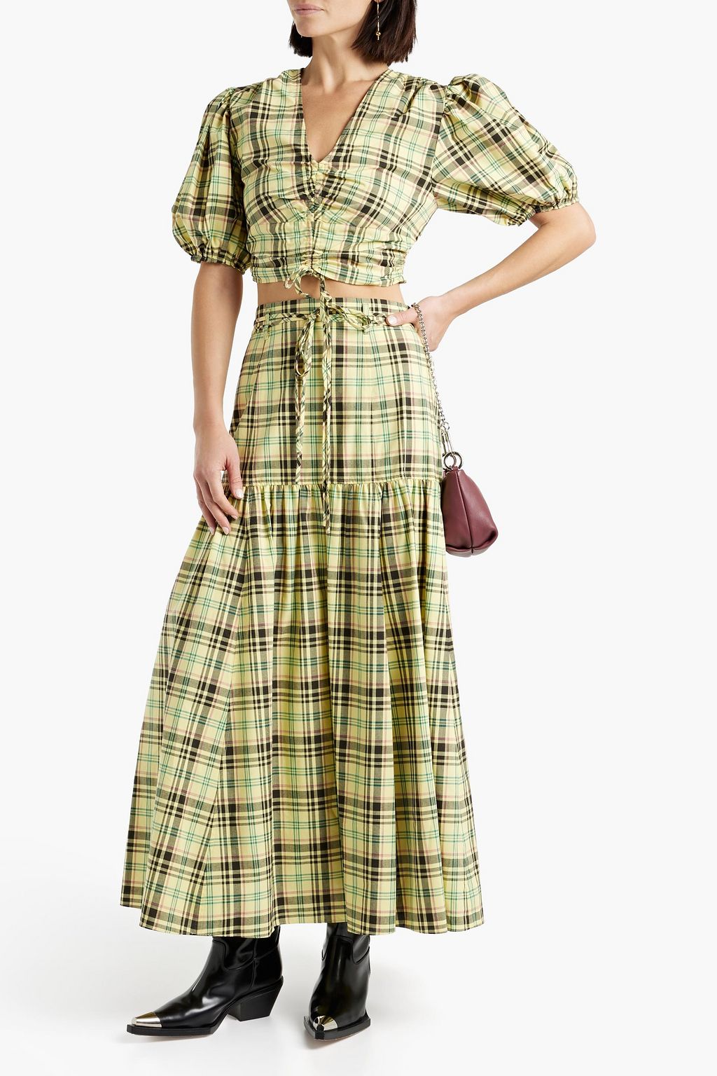 DEREK LAM 10 CROSBY Milly belted checked cotton-blend poplin maxi skirt