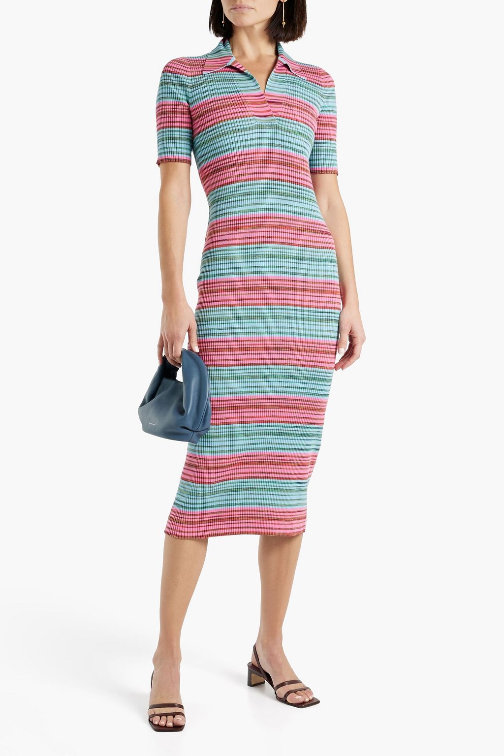DEREK LAM 10 CROSBY 스트라이프 리브 코튼 혼방 미디 드레스