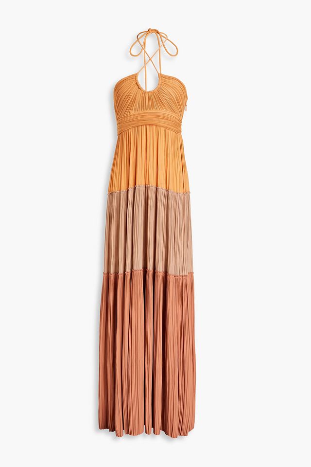 Cecilia gathered plissé-satin halterneck maxi dress