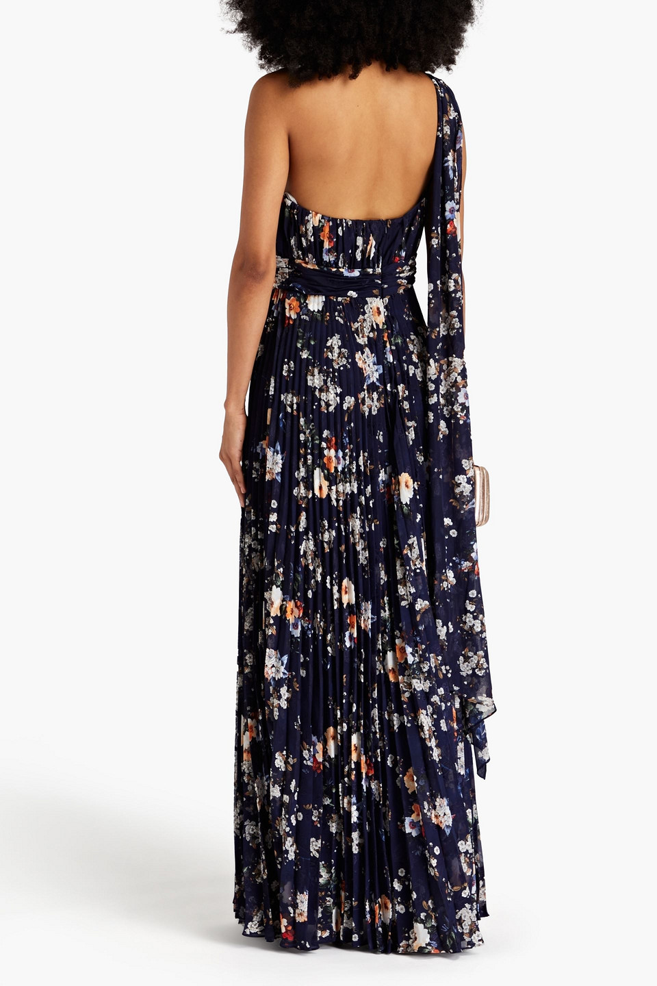 Shop Mikael Aghal One-shoulder Pleated Floral-print Fil Coupé Chiffon Gown In Navy