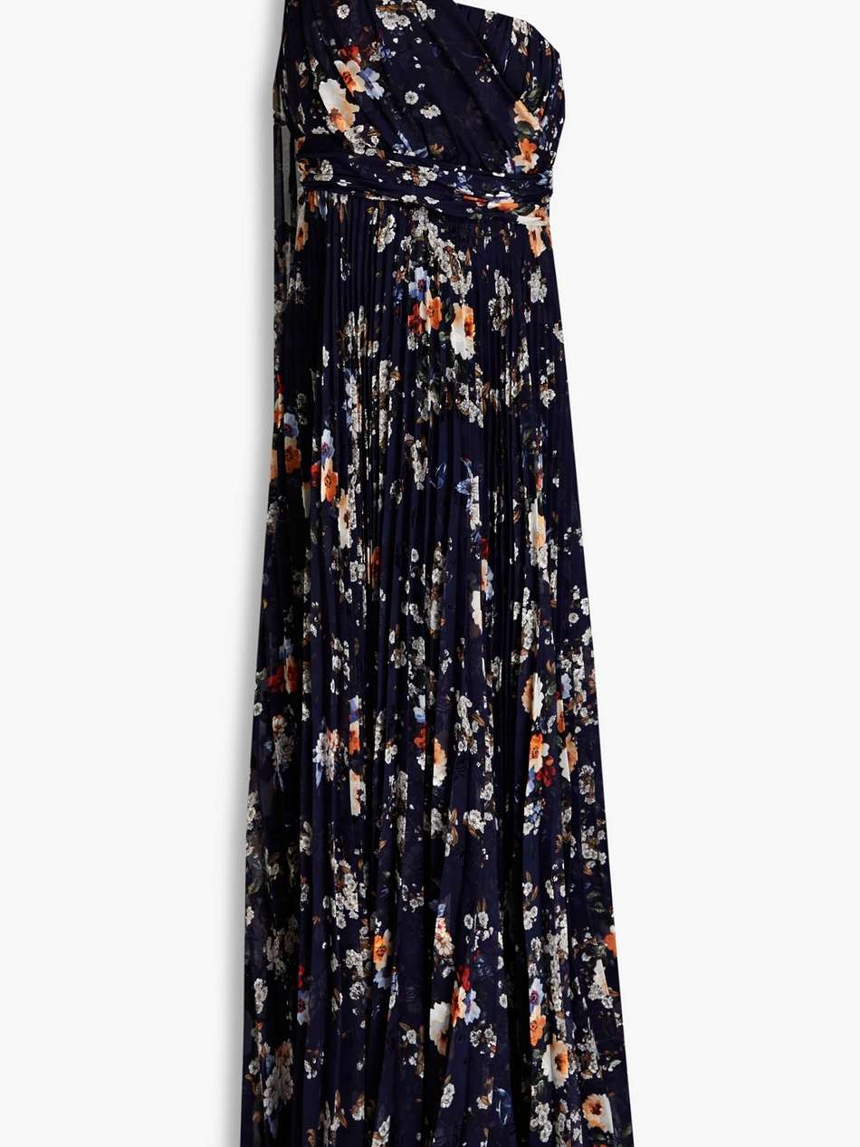 one-shoulder pleated floral-print fil coupé chiffon gown