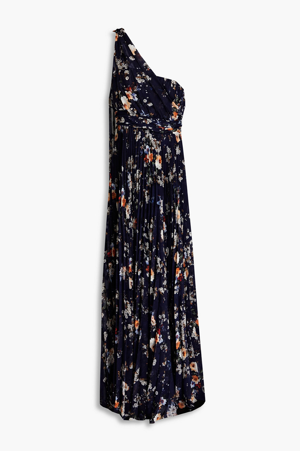 One-shoulder pleated floral-print fil coupé chiffon gown