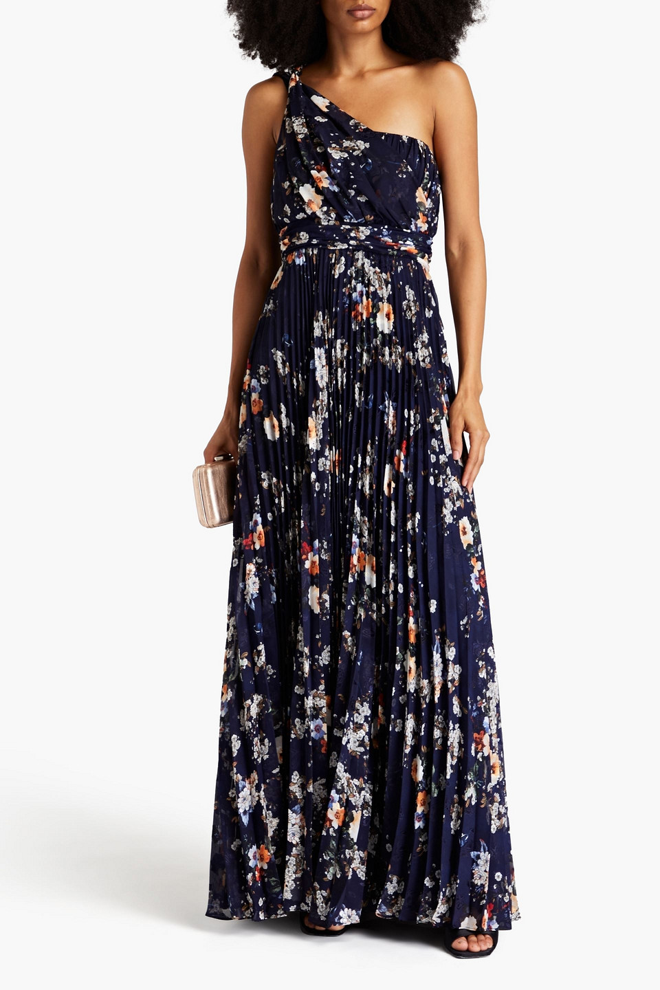 Shop Mikael Aghal One-shoulder Pleated Floral-print Fil Coupé Chiffon Gown In Navy