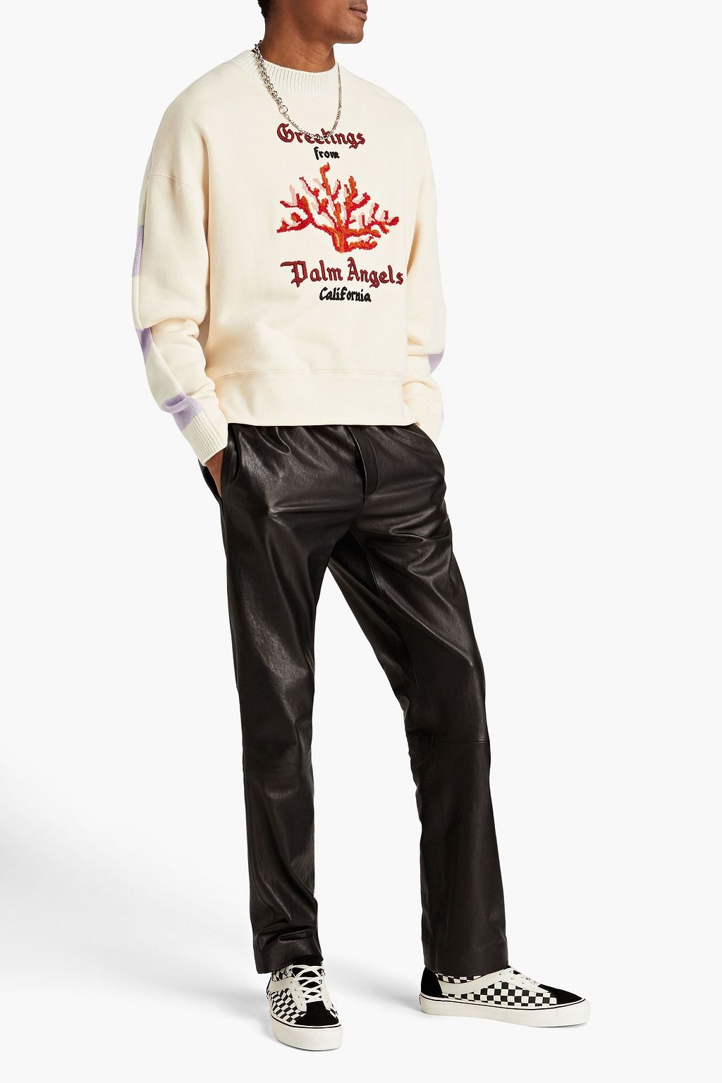PALM ANGELS Printed French cotton terry-paneled wool-blend sweater