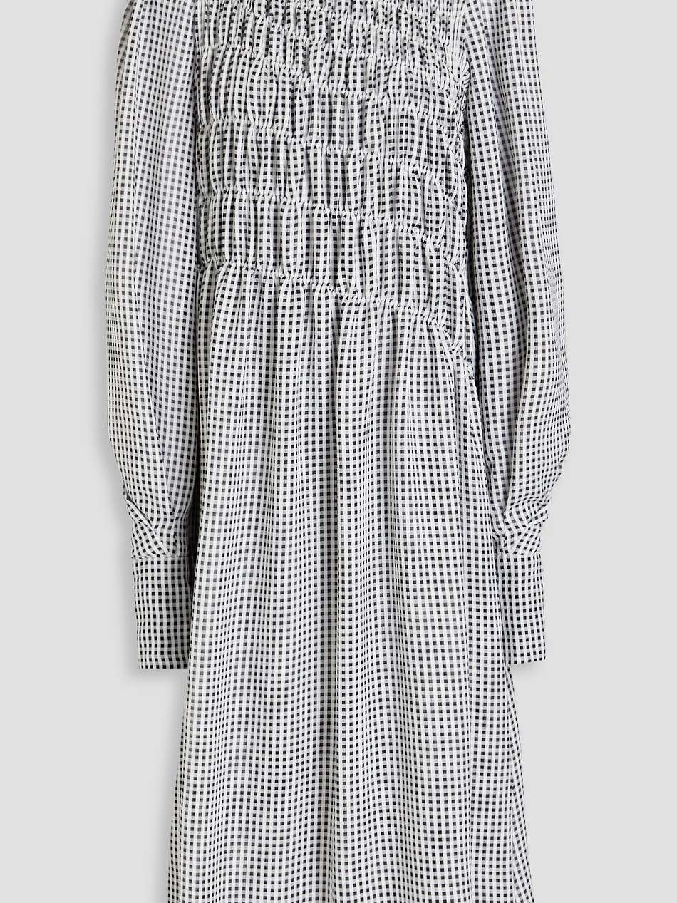 shirred gingham seersucker midi dress