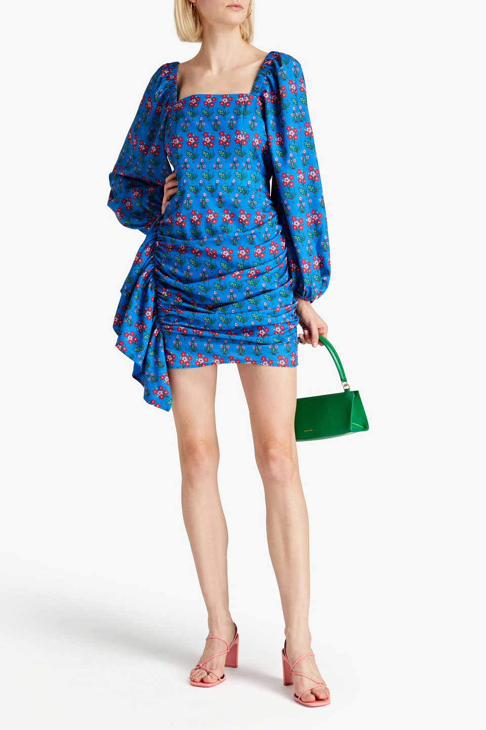 Shop Rhode Mina Draped Floral-print Crepe De Chine Mini Dress In Blue