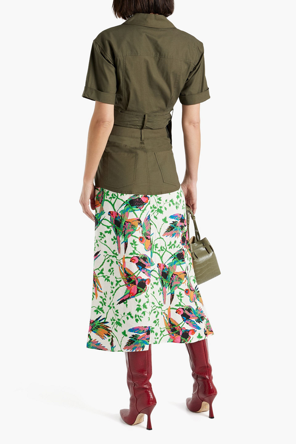 Shop Derek Lam 10 Crosby Ingrid Poplin-paneled Printed Linen-blend Gauze Midi Skirt In Army Green