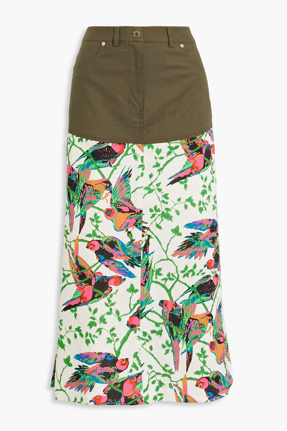 Ingrid poplin-paneled printed linen-blend gauze midi skirt