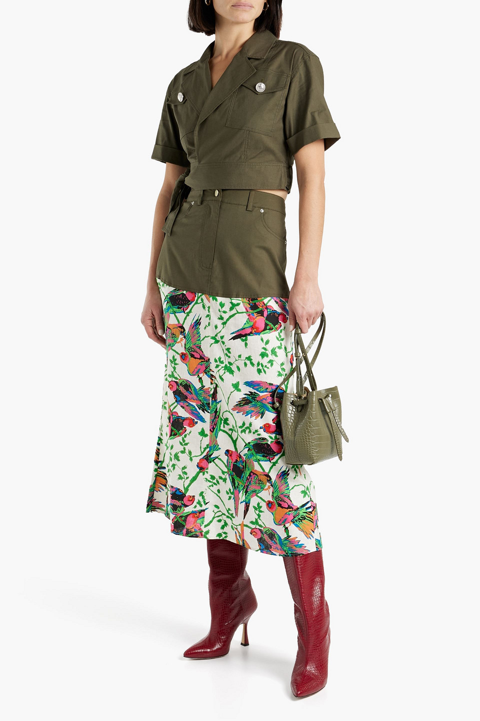 Shop Derek Lam 10 Crosby Ingrid Poplin-paneled Printed Linen-blend Gauze Midi Skirt In Army Green