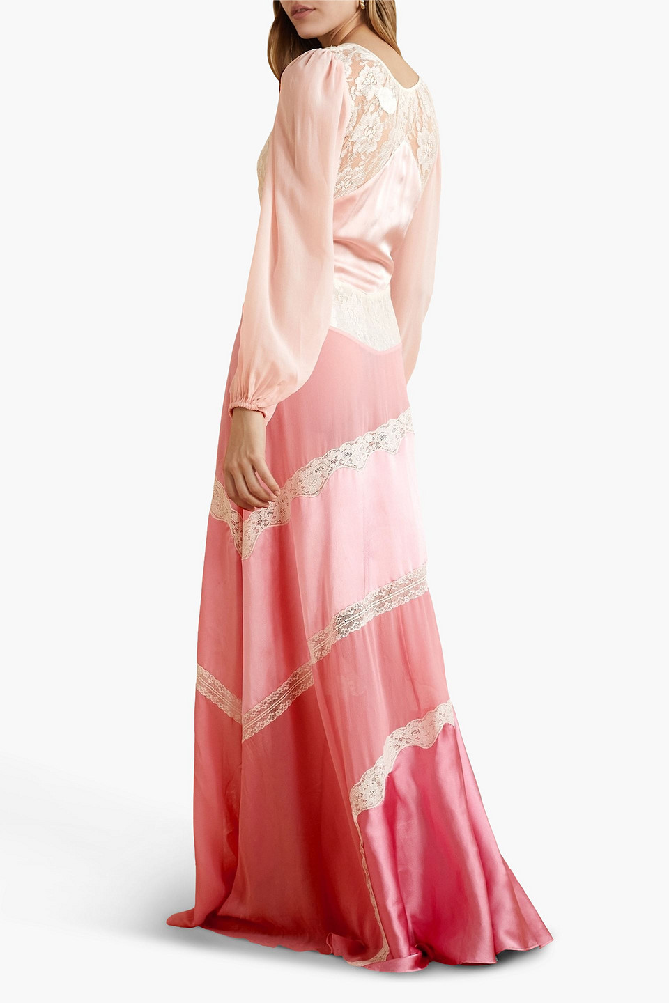 LOVESHACKFANCY KINSLER PANELED SATIN, CHIFFON AND LACE MAXI DRESS 3074457345634573648