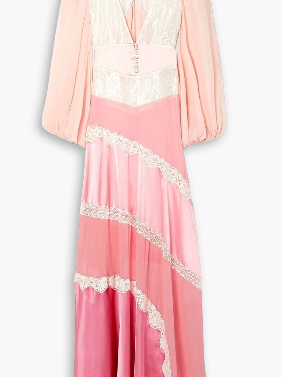 kinsler paneled satin, chiffon and lace maxi dress