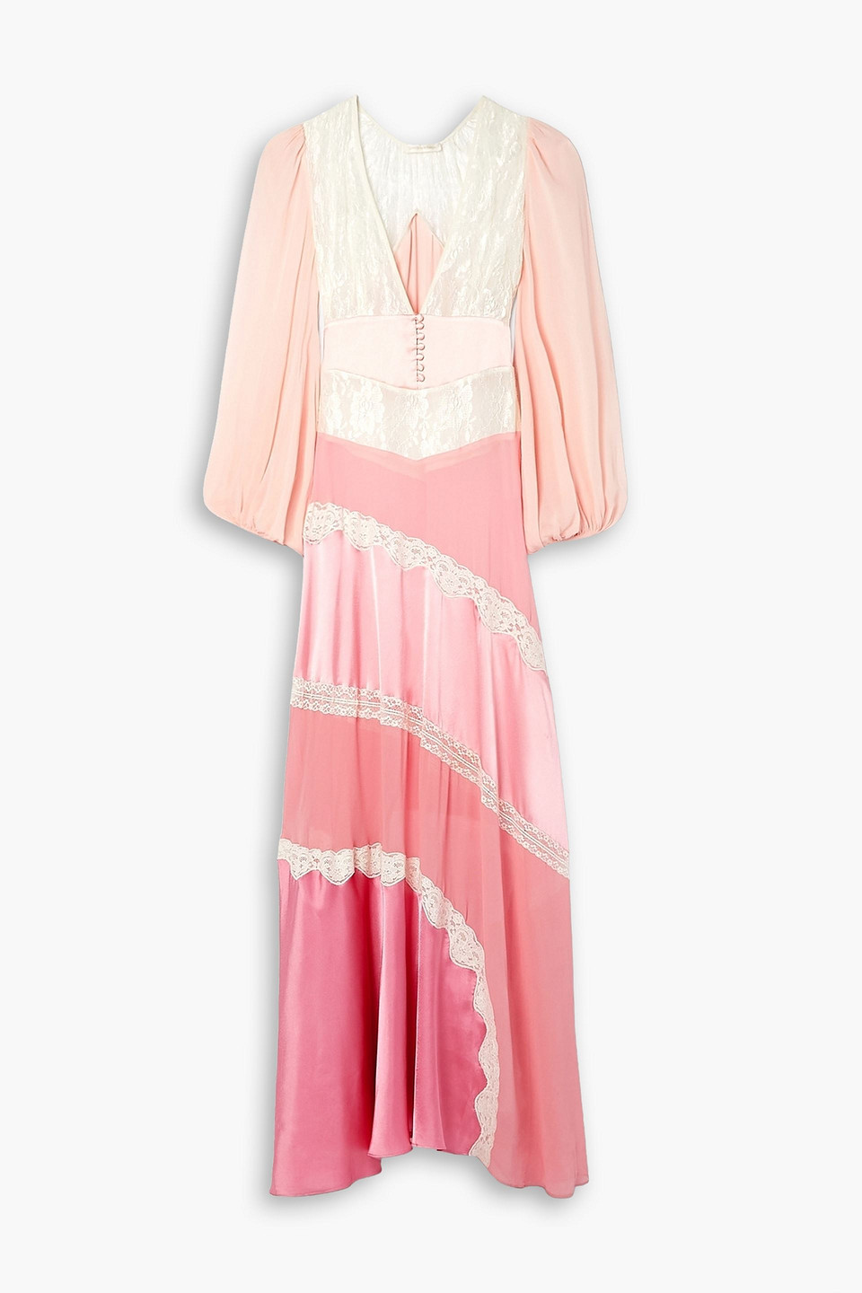 LOVESHACKFANCY KINSLER PANELED SATIN, CHIFFON AND LACE MAXI DRESS 3074457345634573648