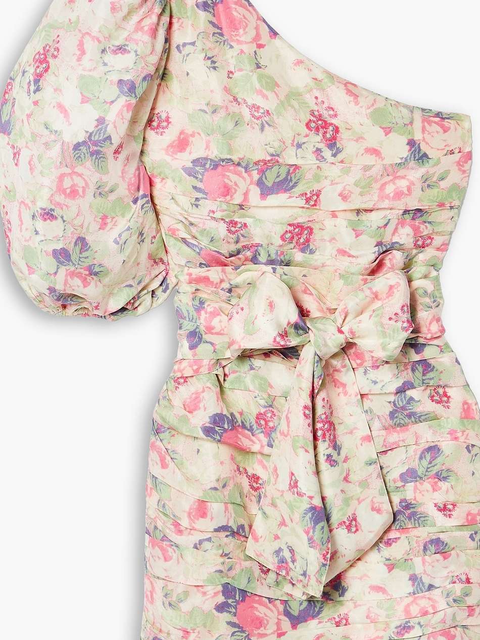 altie one-shoulder pleated floral-print satin mini dress