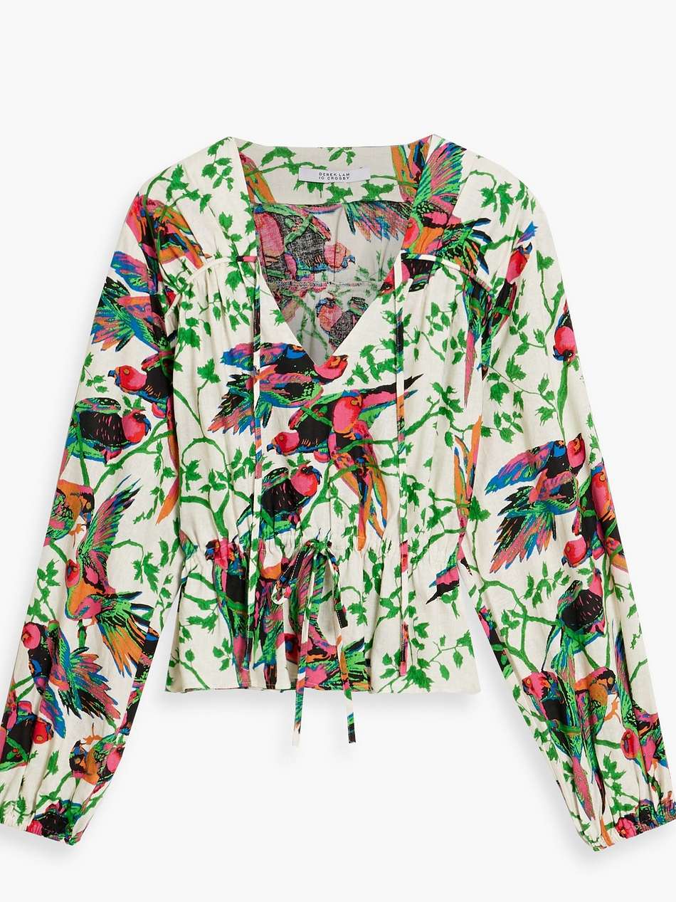 breanna gathered printed linen-blend gauze blouse