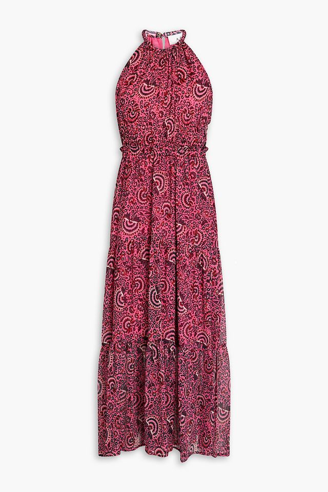 Elara gathered printed silk-crepon midi dress