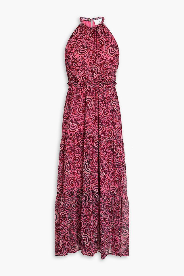 Gathered printed silk-crepon midi dress