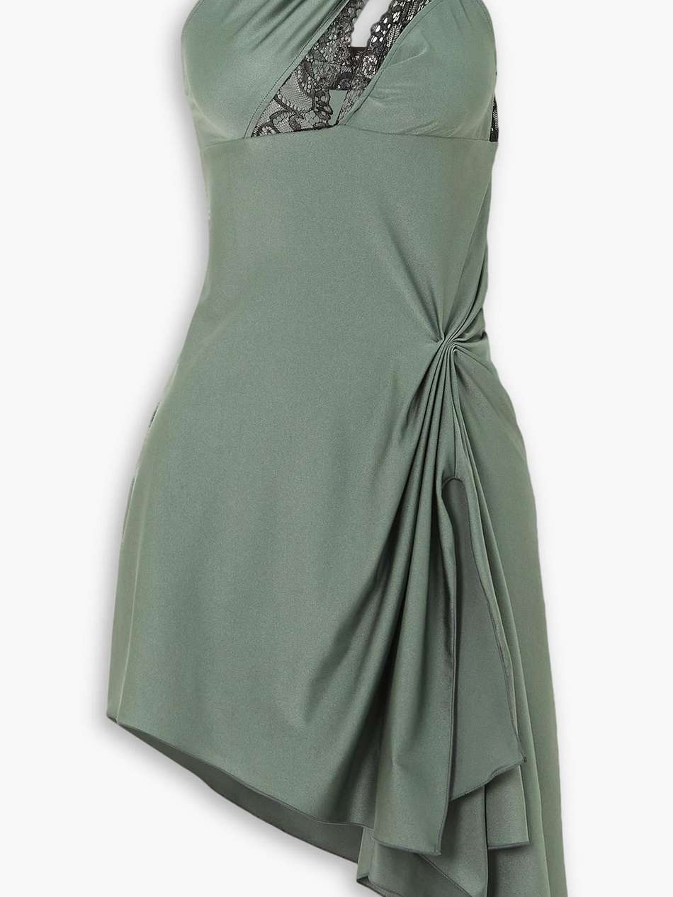 asymmetric lace-trimmed cutout satin-jersey mini dress