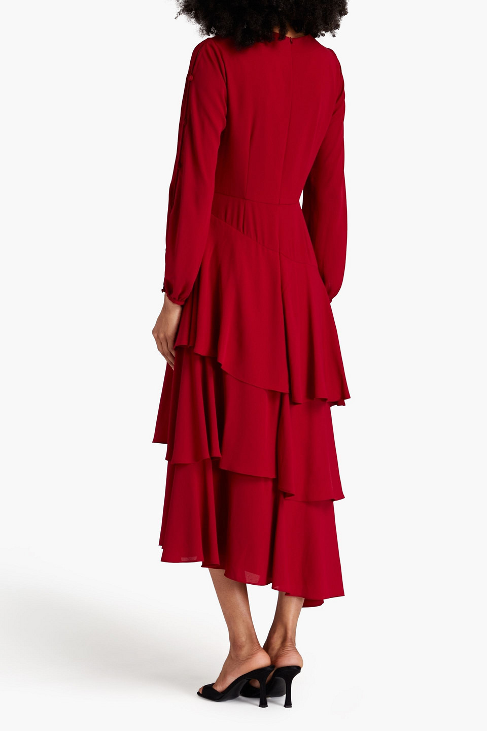 Shop Mikael Aghal Tiered Crepe Midi Dress In Crimson