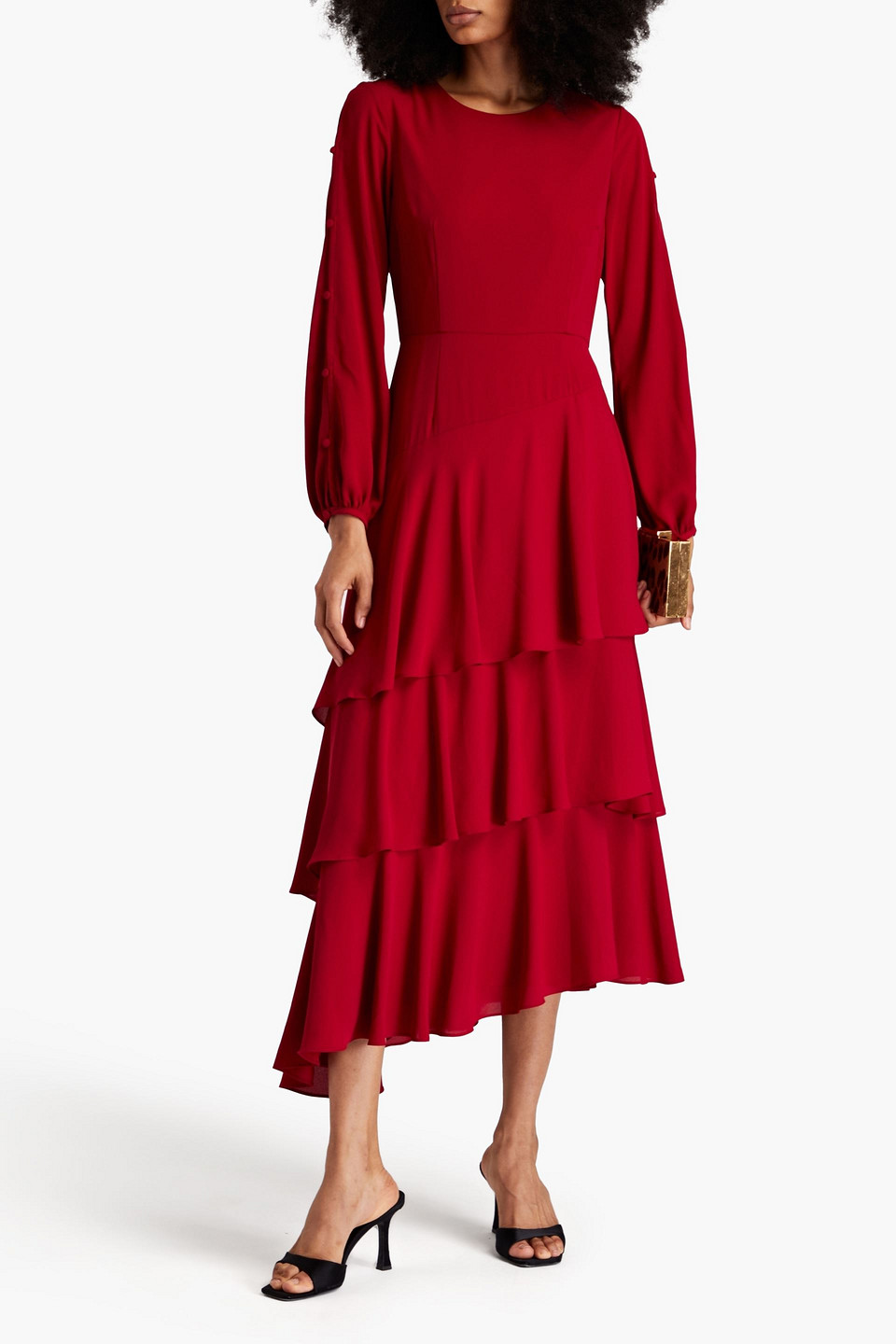 Shop Mikael Aghal Tiered Crepe Midi Dress In Crimson