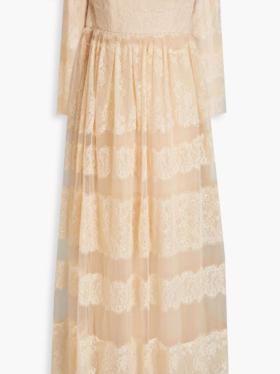 off-the-shoulder gathered corded lace and tulle gown