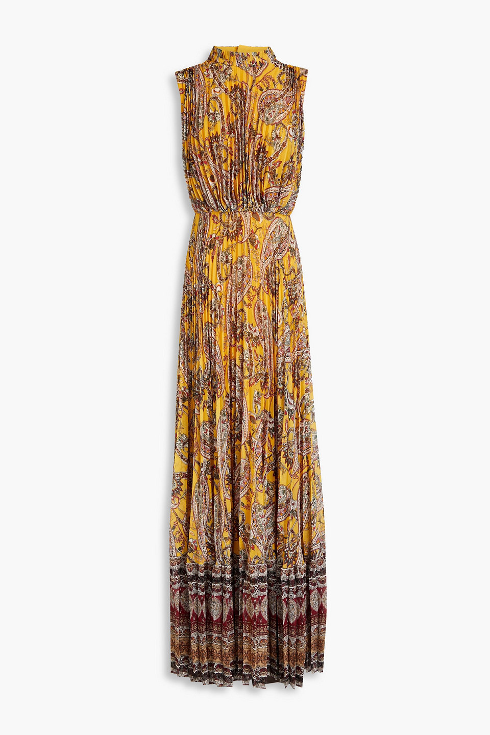 Mikael Aghal Cutout Pleated Printed Georgette Gown In Yellow Multi