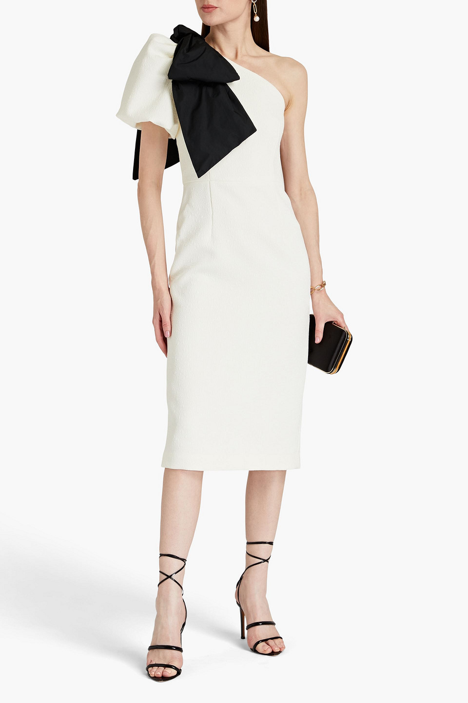 Rebecca Vallance Monique One-shoulder Bow-embellished Cloqué Midi Dress In Ivory