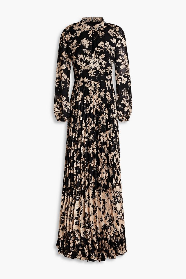 Pleated floral-print jacquard maxi dress