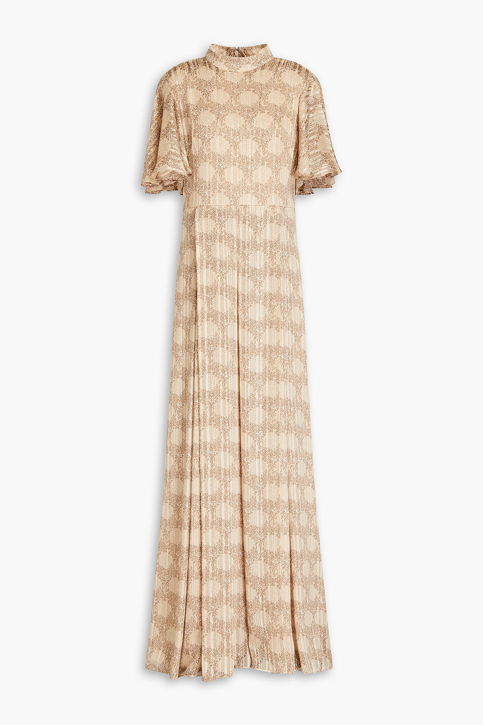 Mikael Aghal Pleated Printed Jacquard Maxi Dress In Beige