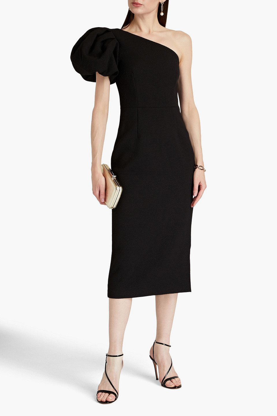 Shop Rebecca Vallance Andie One-shoulder Cloqué Midi Dress In Black