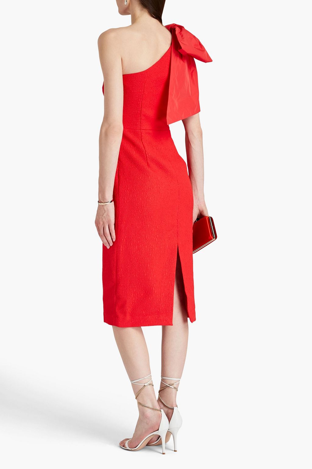 REBECCA VALLANCE Calla one-shoulder bow-detailed cloqué midi dress