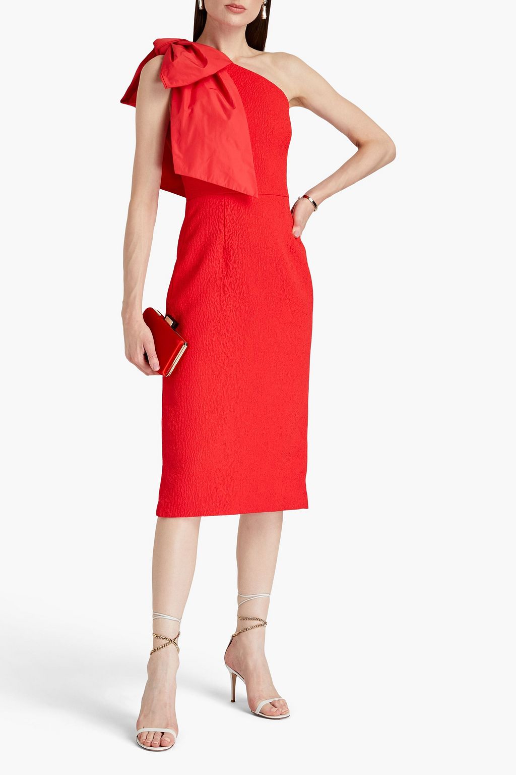 REBECCA VALLANCE Calla one-shoulder bow-detailed cloqué midi dress