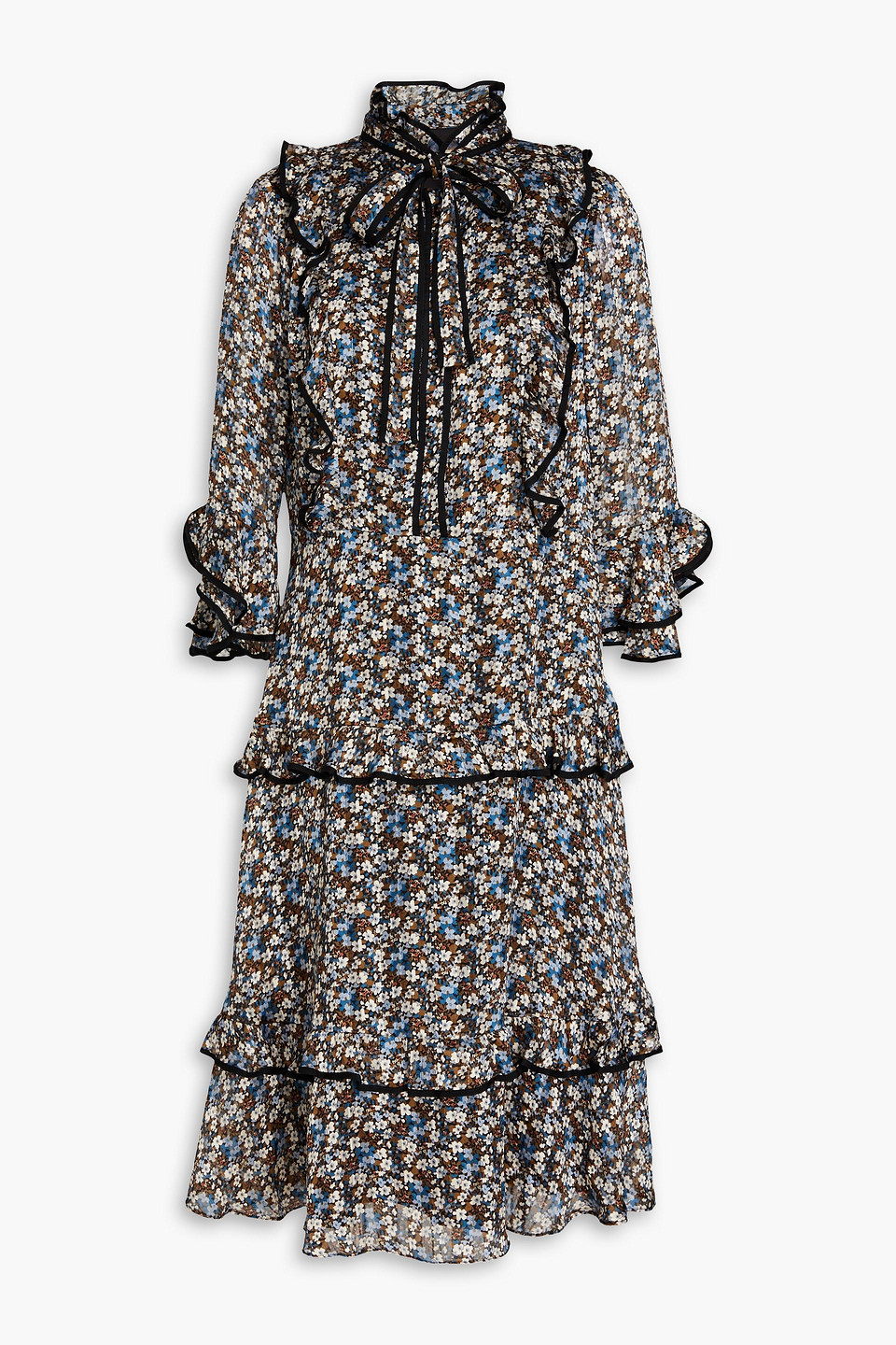 Mikael Aghal Ruffled Floral-print Jacquard Dress In Blue