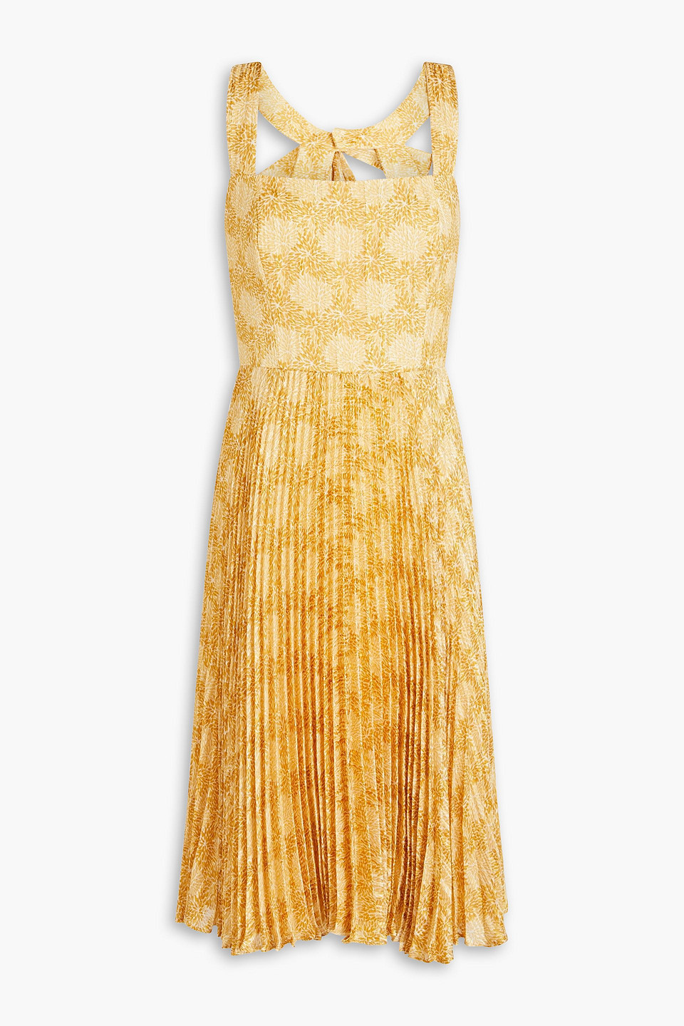 Mikael Aghal Cutout Pleated Printed Jacquard Dress In Yellow